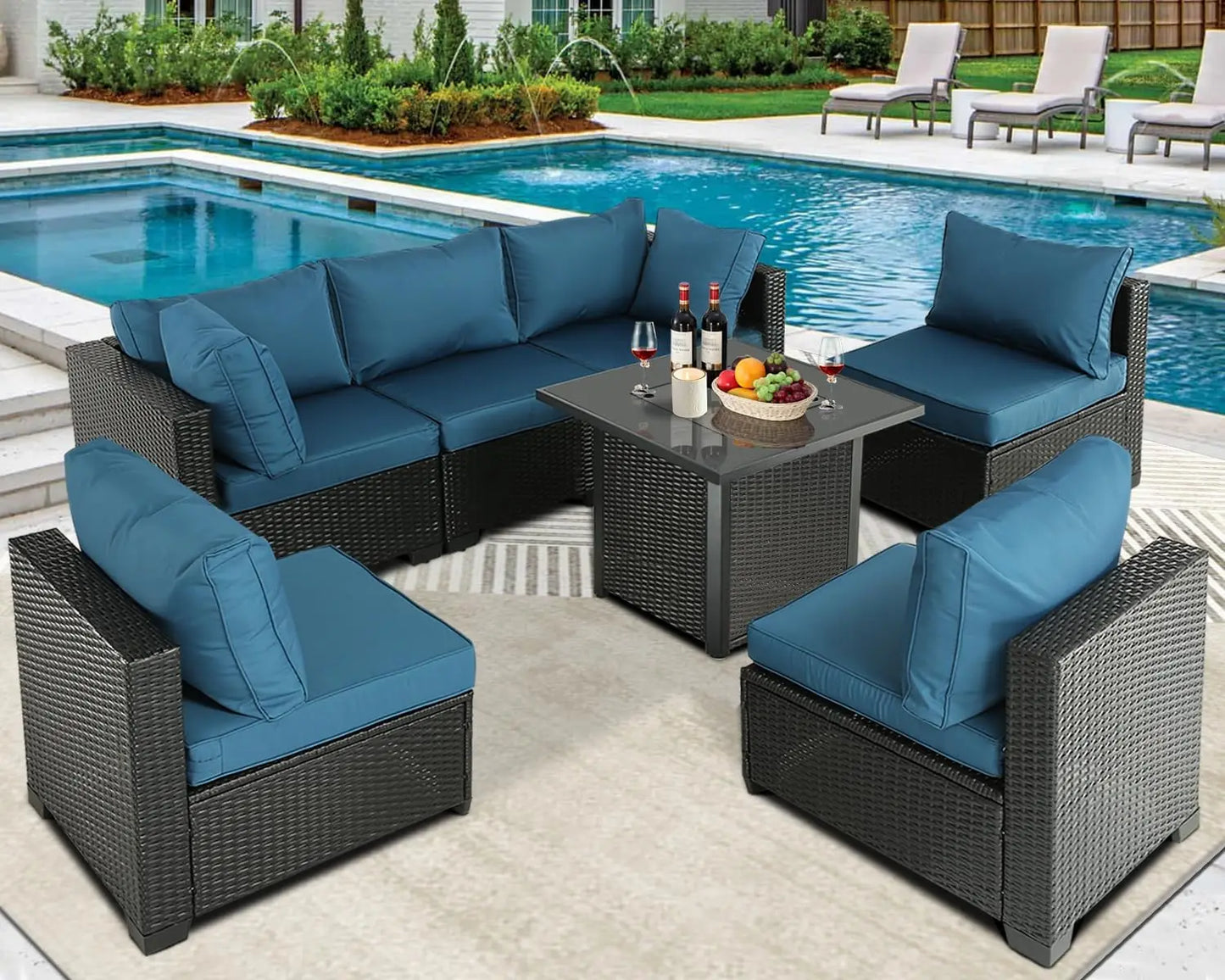 PE Rattan Patio Furniture Set with Cushions, Expresso, -Peacock Blue