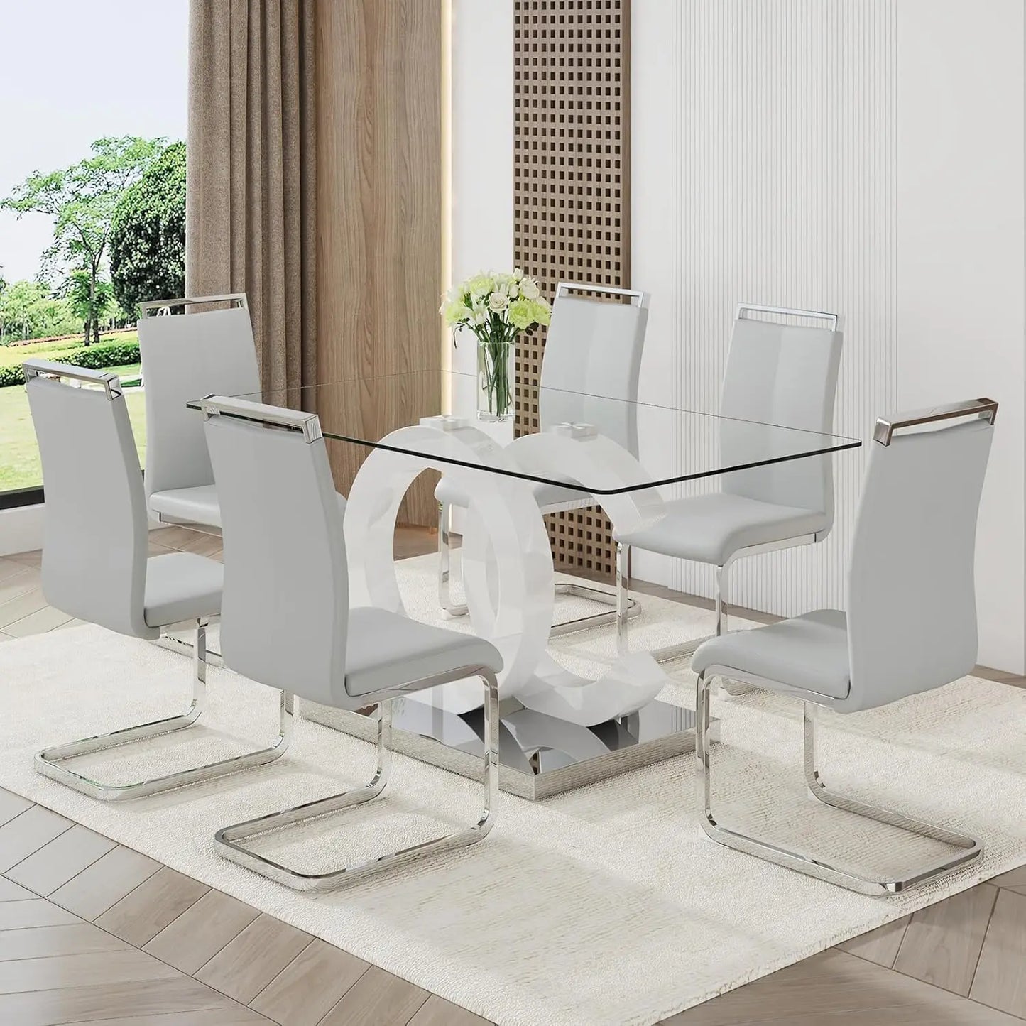 Glass Table Set for 6 ,7 Piece Set, Tempered Glass Top,  PU Leather,  Chairs ,Easy Assembly
