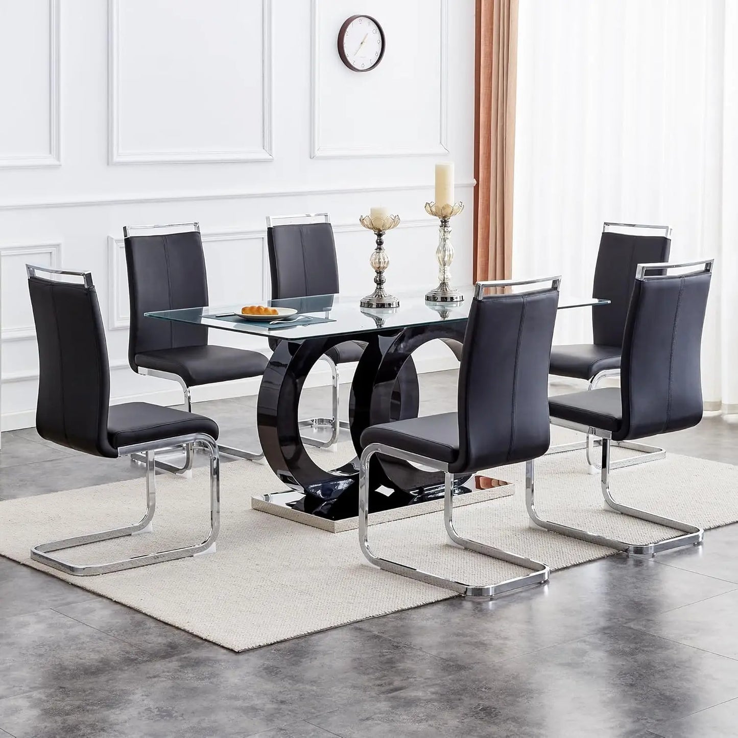 Glass Table Set for 6 ,7 Piece Set, Tempered Glass Top,  PU Leather,  Chairs ,Easy Assembly