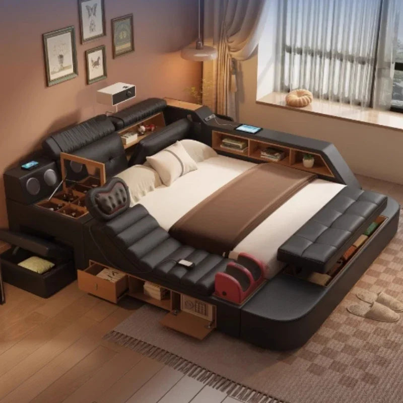 King Size Black Bed Frame With  Storage Drawers Multifunction Massage