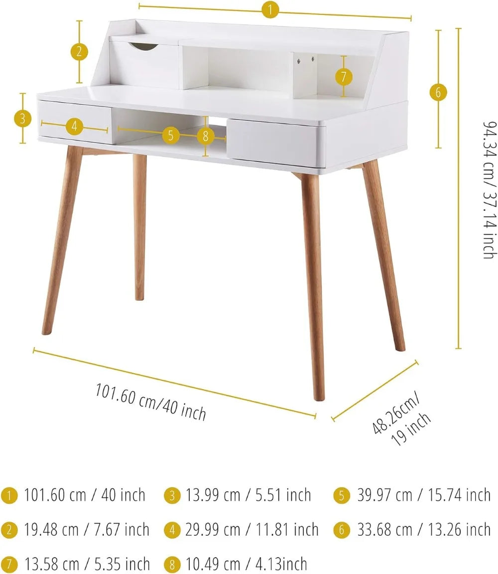 Computer Desk with Solid Wood Legs, Storage Drawers Open Shelves