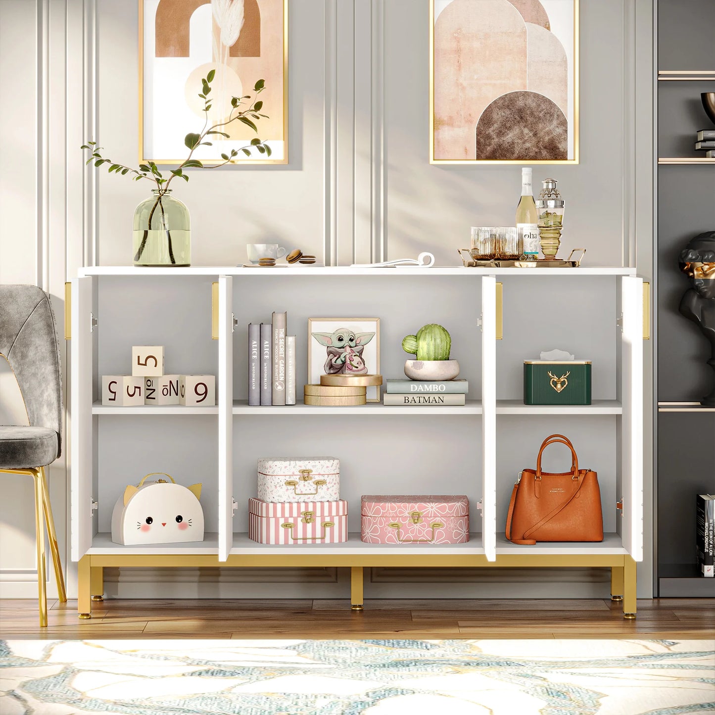 Tribesigns Modern Storage Console Cabinet Sideboard Buffet Cabinet with 4 Doors & Gold Metal Base