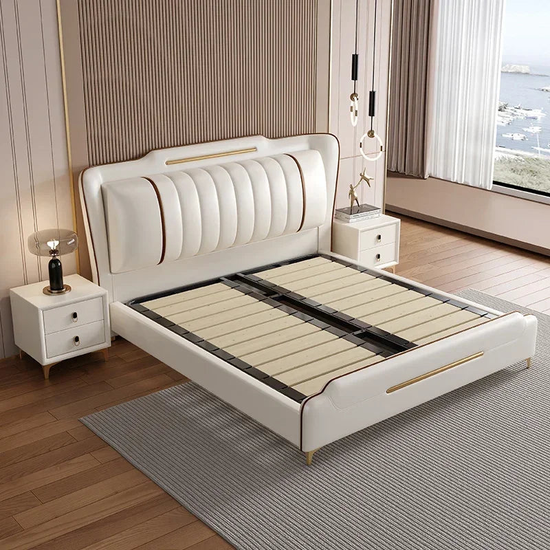 Princess Double Bed  Frame Waterproof Beige  Double Bed Headboards Luxury Platform