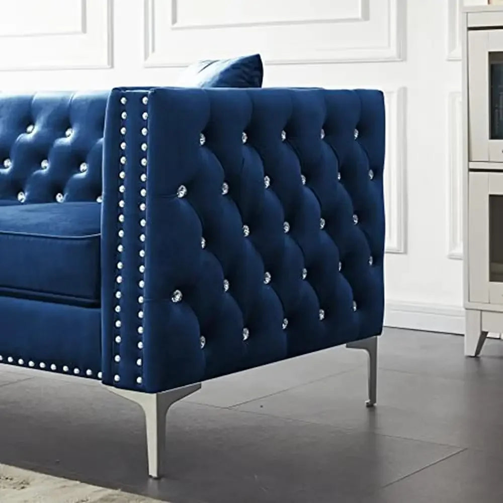 Blue Velvet 2-Piece  Set with Jeweled Buttons  Soft Linen Upholstery Square Arm Sofa and Loveseat