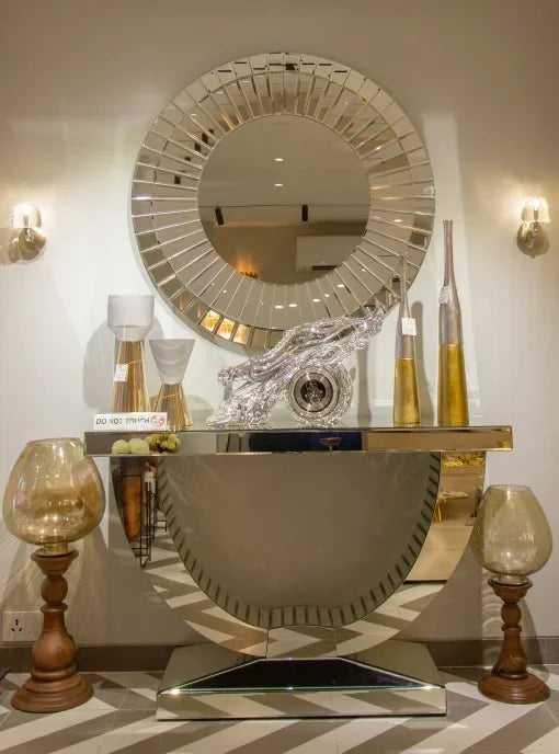 Luxury mirrored console table, crescent shaped foyer, family round wall mirror