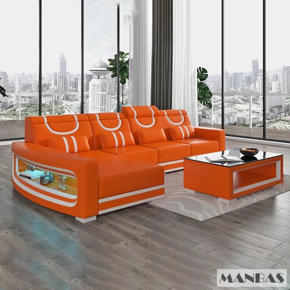 Italian Genuine Leather Sofa - 2 Colors Combination, LED Light & Soft Cushions