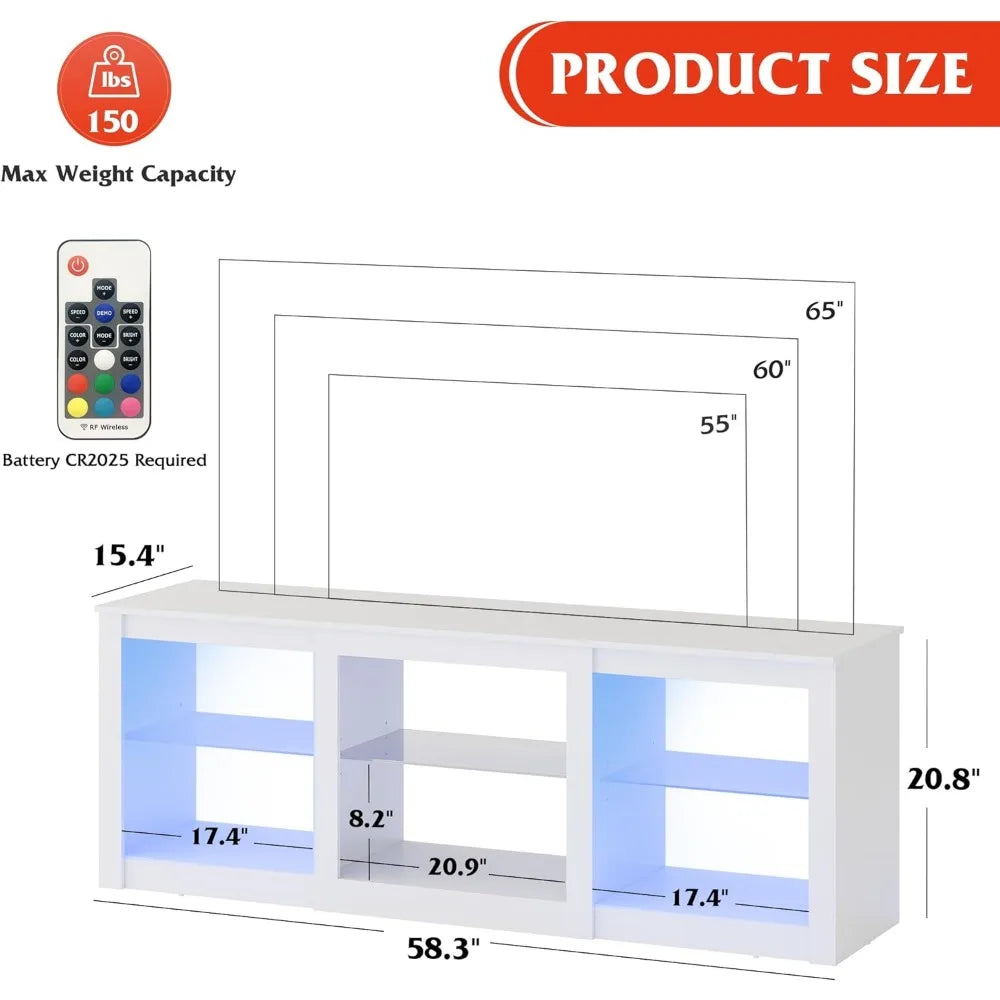 Stand with LED Lights, Entertainment Center with Glass Shelves, Modern Console