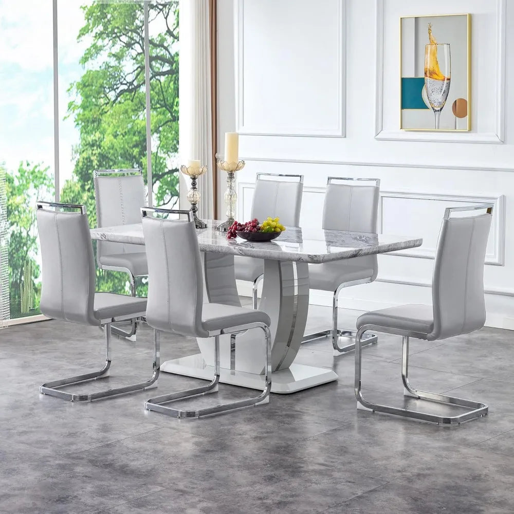 Modern Faux Marble Table Set, for 6-8 with MDF Base,7 Piece Rectangle Set