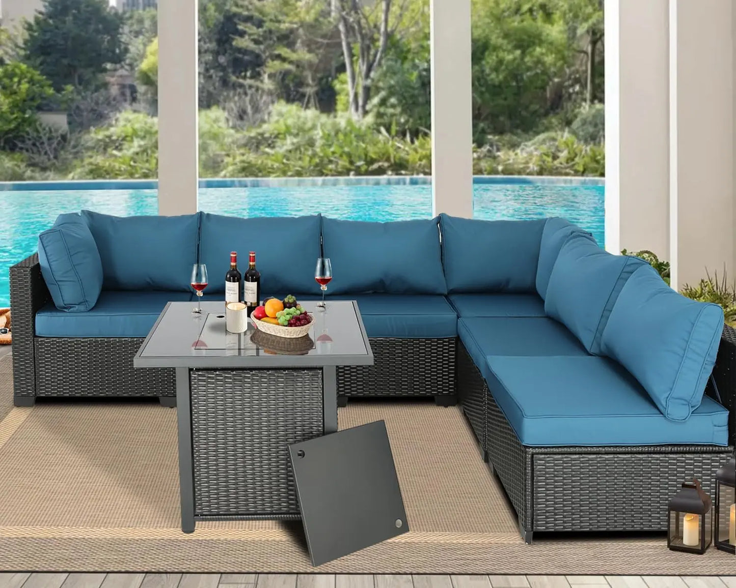 PE Rattan Patio Furniture Set with Cushions, Expresso, -Peacock Blue