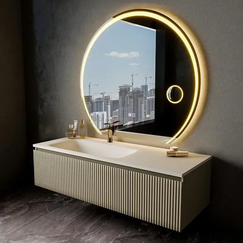 Light Luxury Oak  Cabinet LED Smart Mirror Slate Integrated  Vanity Sink