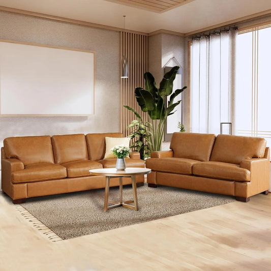 Genuine Leather Sofa Tan Sturdy Block  Legs Luxurious Goose Feather Cushion Filling Square Arm Design