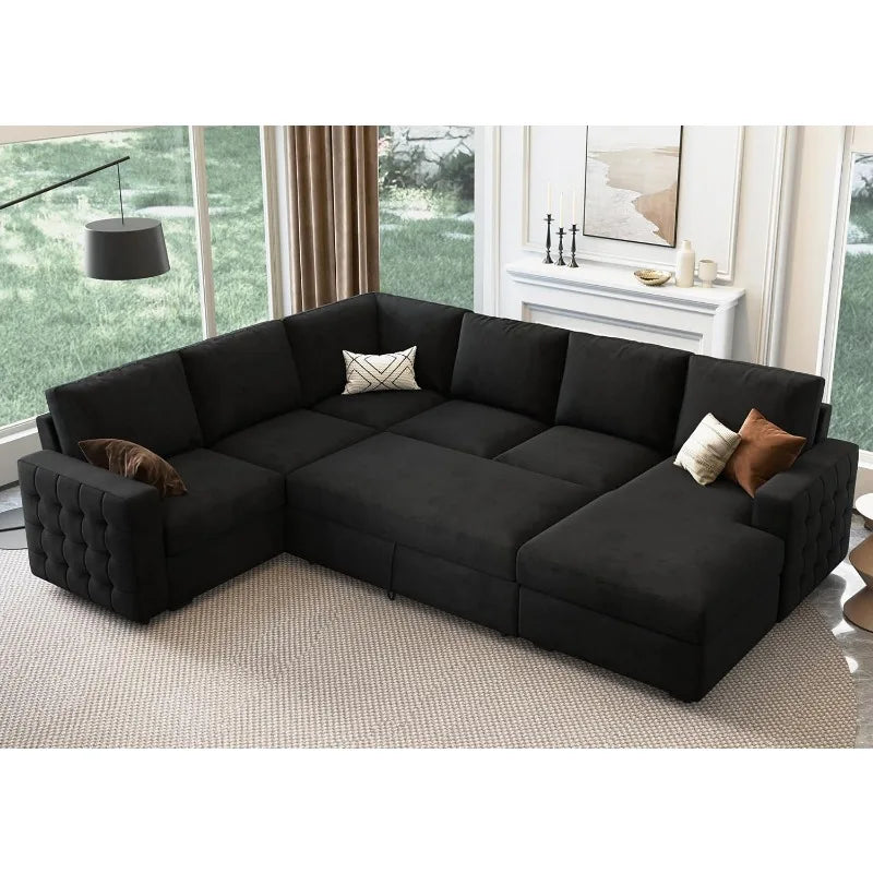 Sectional Sleeper Sofa, Velvet, storage, Chaise, U-shaped