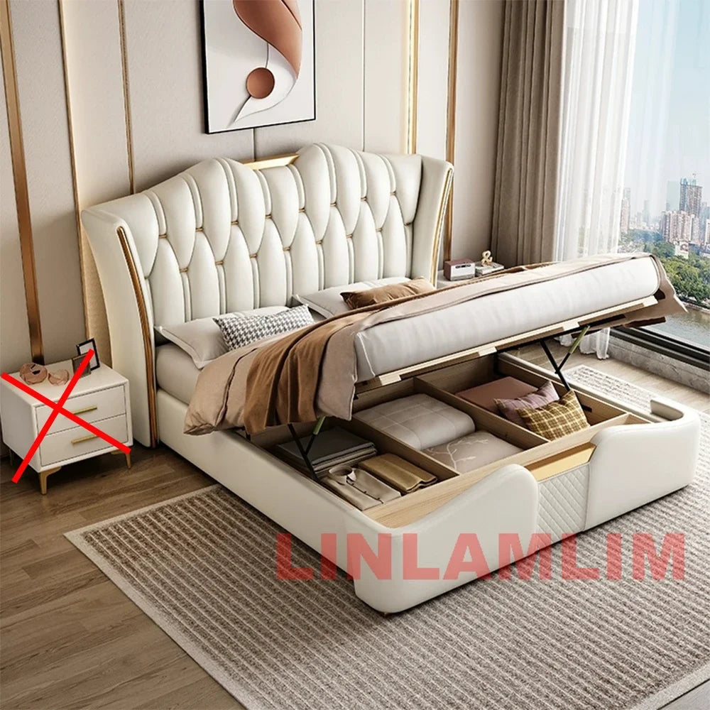 MINGDIBAO Luxury Modern Upholstered Bed Frame with Gold Accents, Genuine Leather Designer  Queen/King Size Bed
