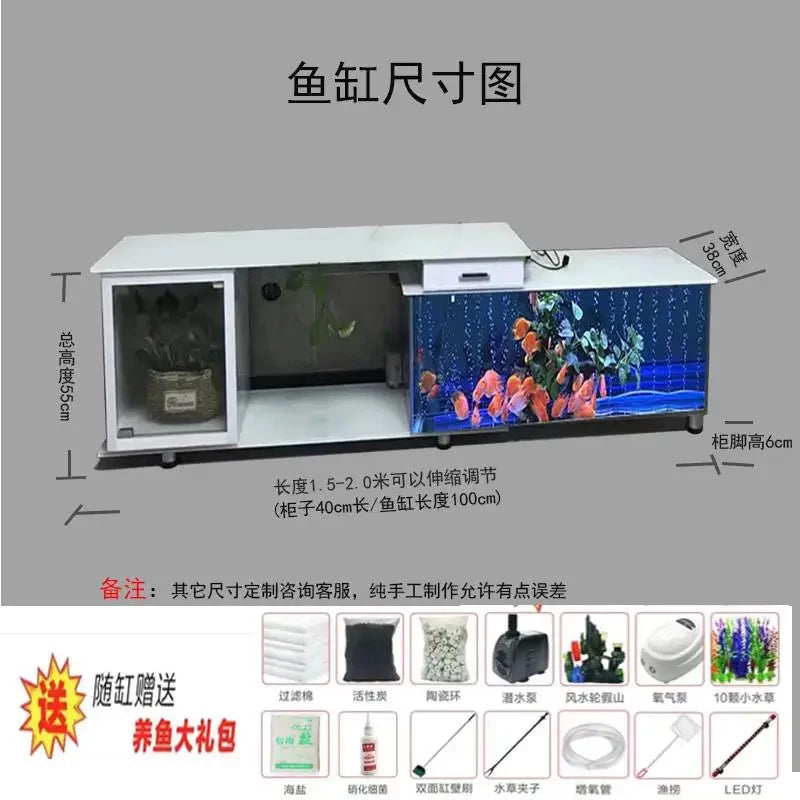 Household TV cabinet fish aquarium ,ultra white , glass table, water-free, double tank