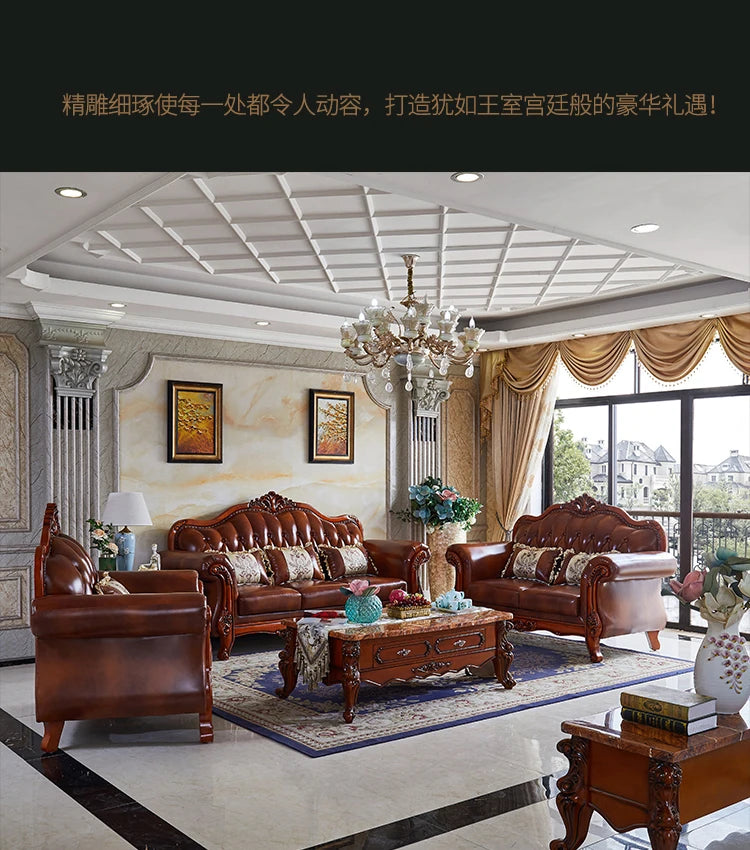 Nordic  Leather Brown Sofa Set Luxury European Design Modern Style Sofa Full Set  3 Seater