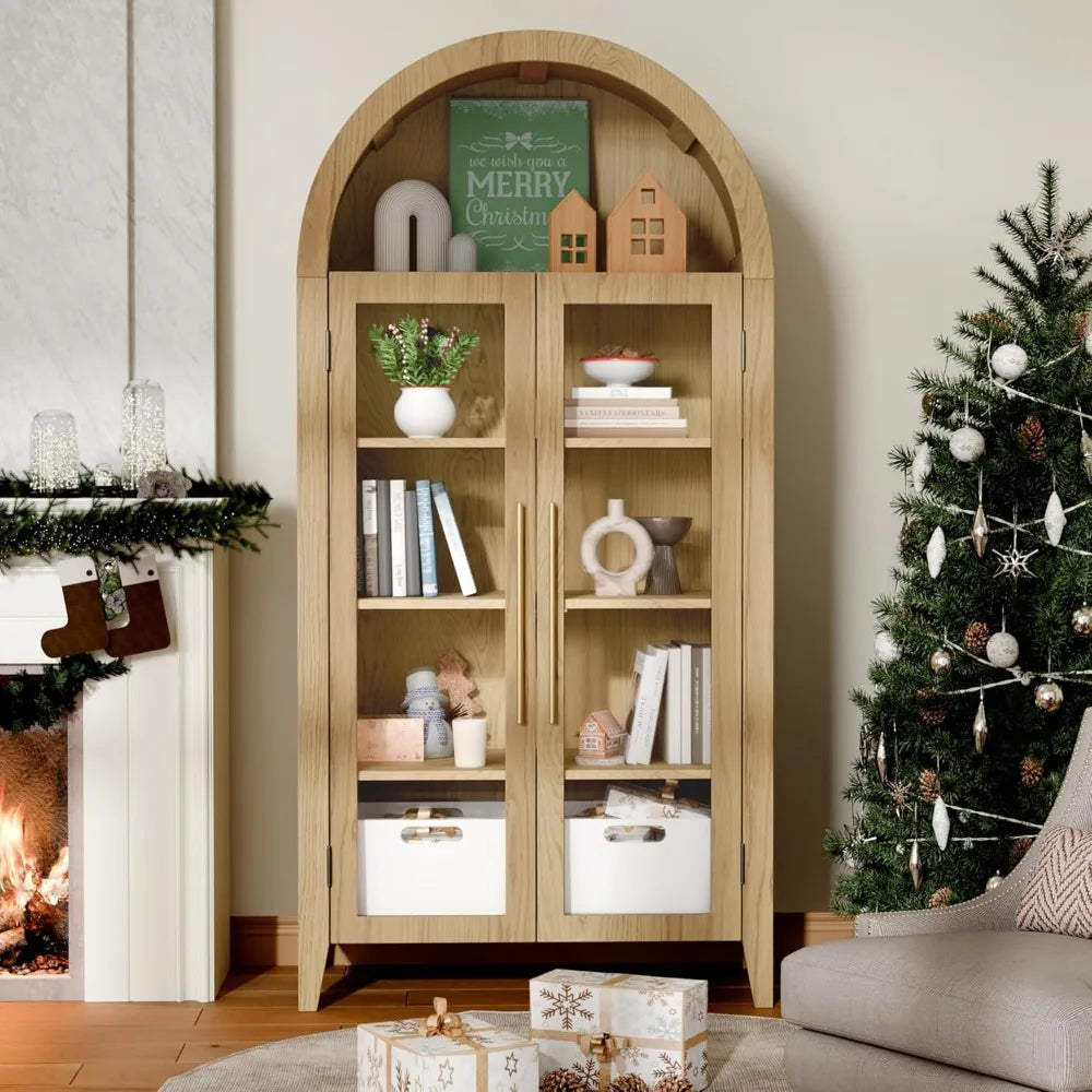 Elegant Arched Display Cabinet, 5-Tier Bookcase with Glass Doors & Adjustable Shelves