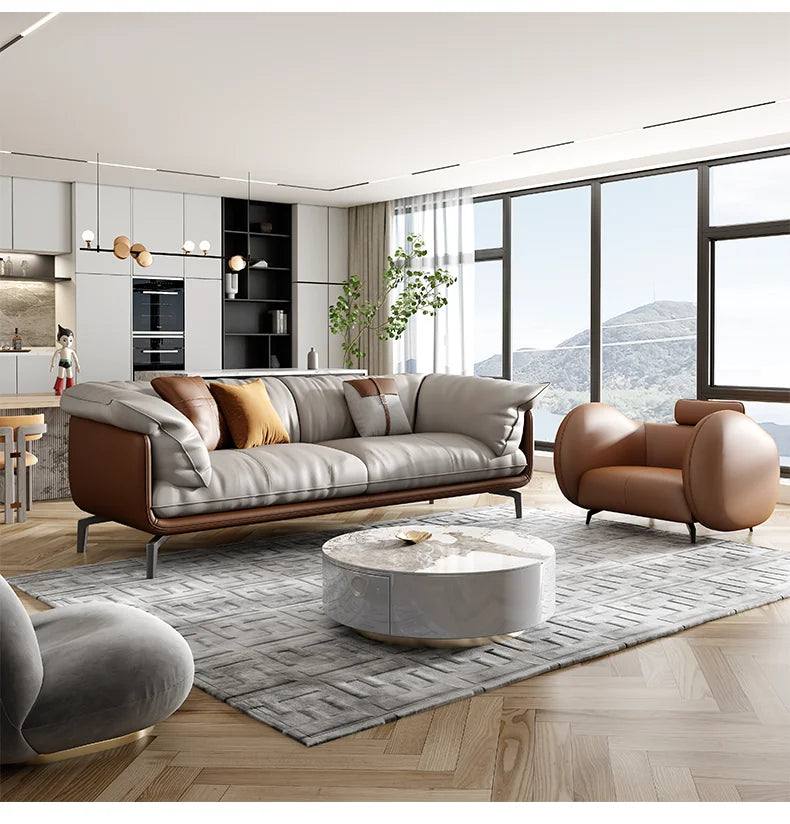 Nordic Simple Soft Sofa  Vintage Brown Girl 3 Seater Designer Leather Love Seat