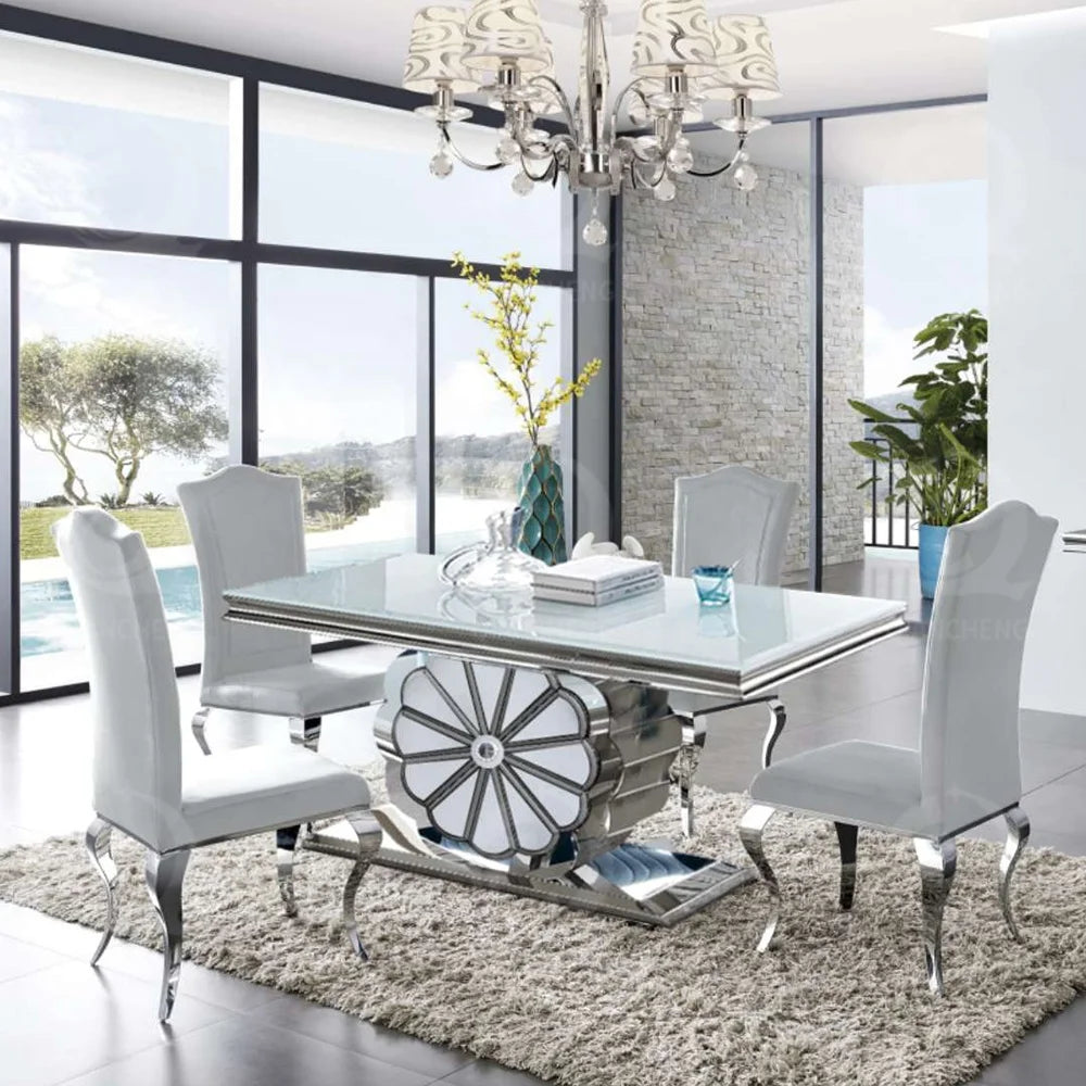 Modern flower stainless steel table set with 8 chairs white gloss glass