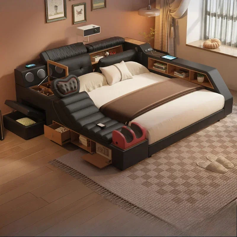 King Size Black Bed Frame With  Storage Drawers Multifunction Massage