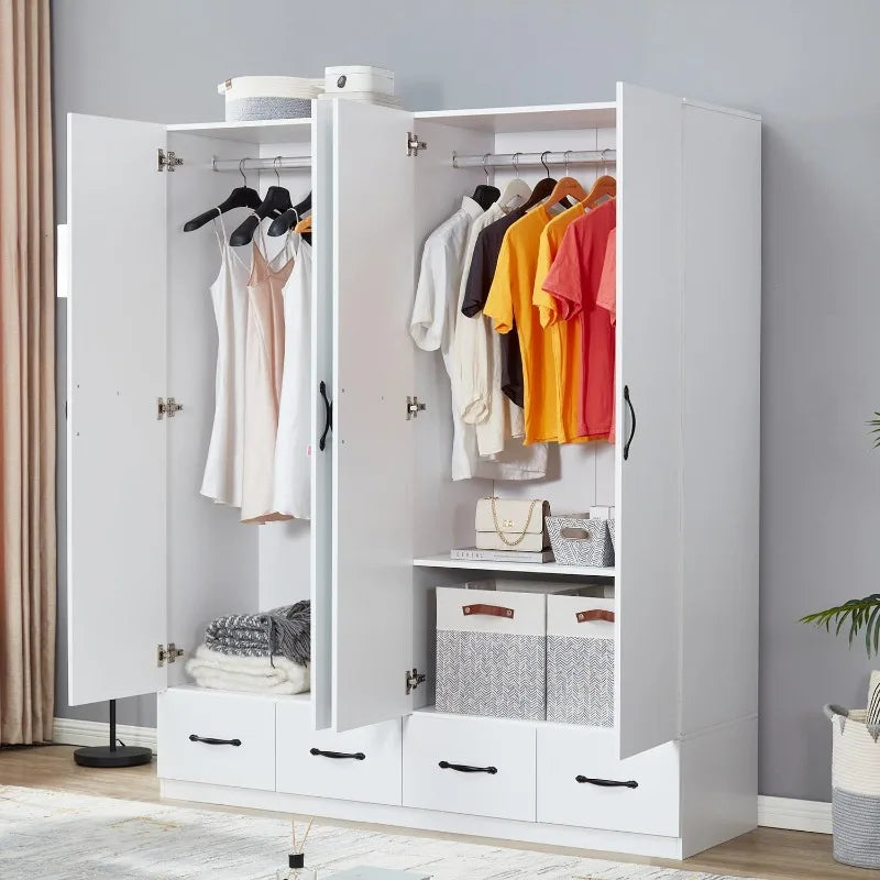 Freestanding Armoires Wood Cabinet Closet with Hanging Rods White Mirror, Four Doors Wood Wardrobe