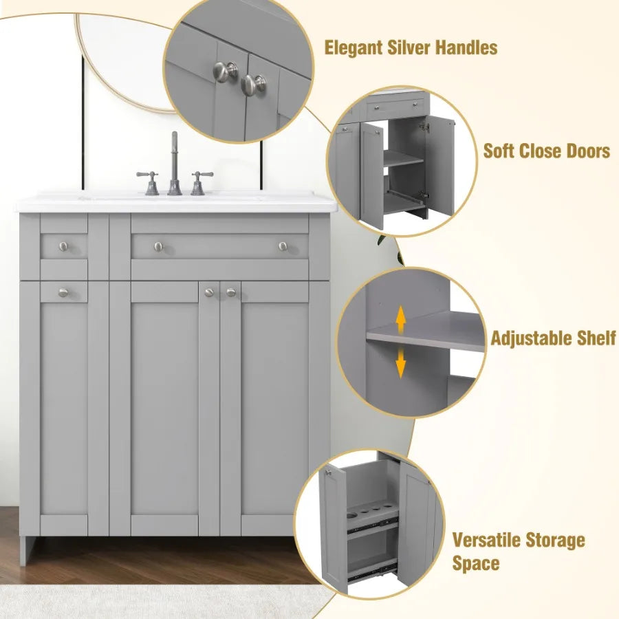 Vanity with Ceramic Sink Combo, Abundant Storage Cabinet-2 Soft-close Doors and Double-tier