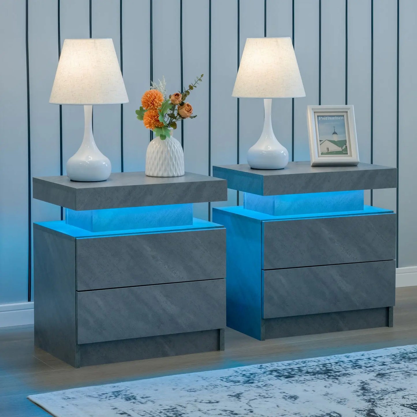 Set of 2 nightstands with LED lights with 2 drawers, bedside table with drawersSet