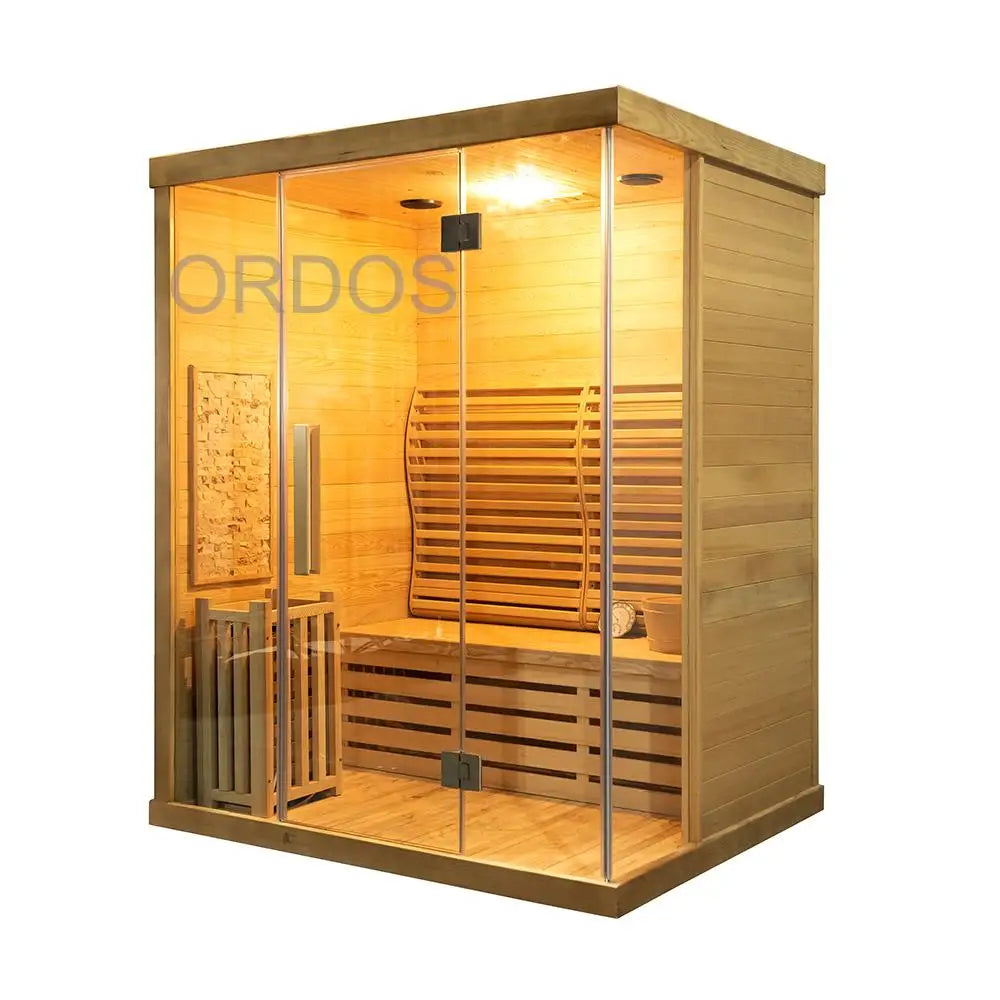 Indoor Hemlock Wood Traditional . 3 person, luxury steam sauna room