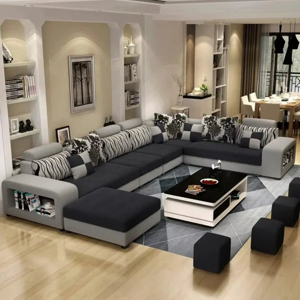 Modern European Luxury Sofa Sets, Dark Grey, 7 Seater, USB charging