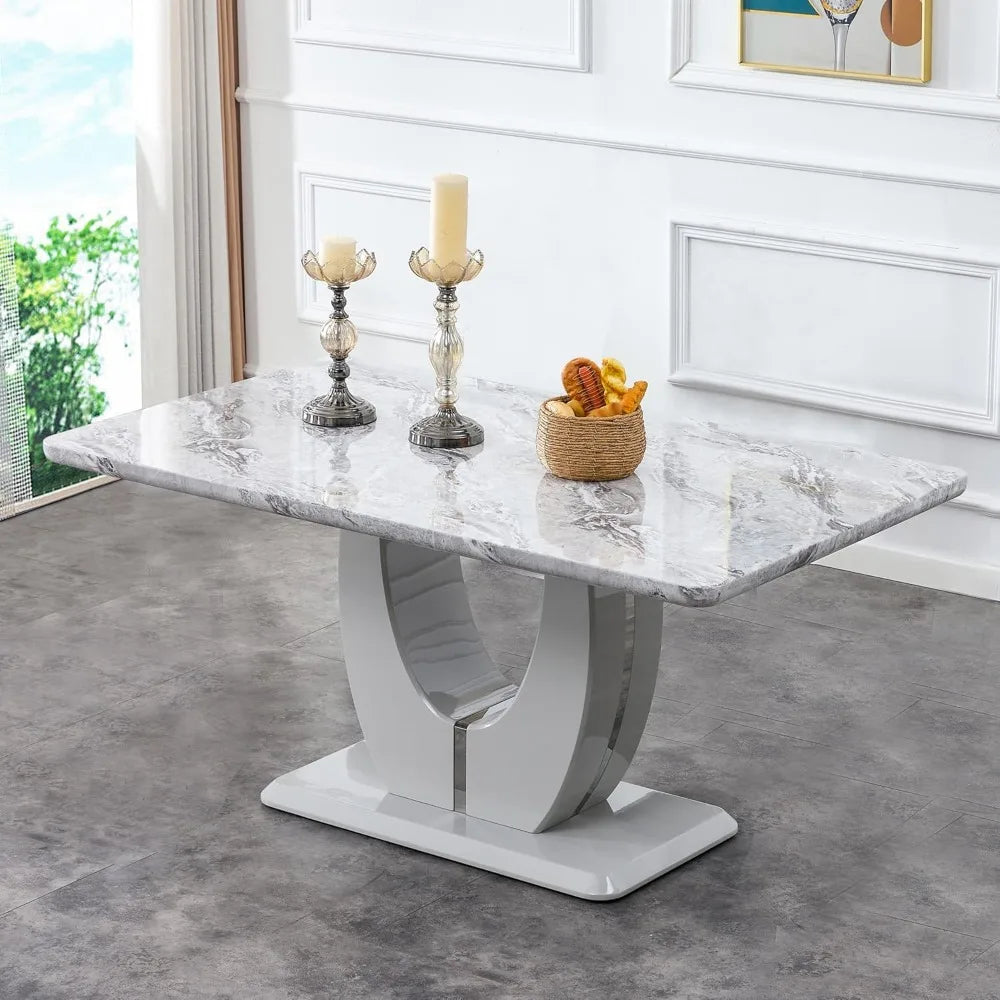 Modern Faux Marble Table Set, for 6-8 with MDF Base,7 Piece Rectangle Set