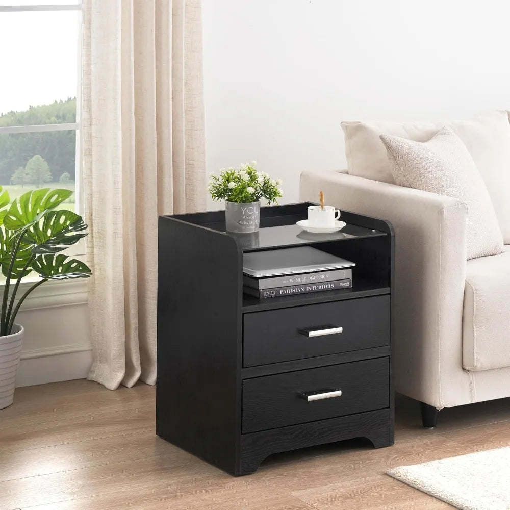 Black Nightstands Set of 2  w/ 2 Drawers, Smart End Side Tables with LED Lights and Glass Top