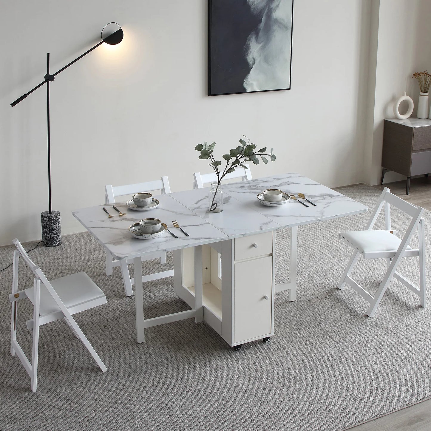 Dining Table with Storage Rack,  2 Drawers, Movable , Extendable Versatile /Foldable in 3 Forms