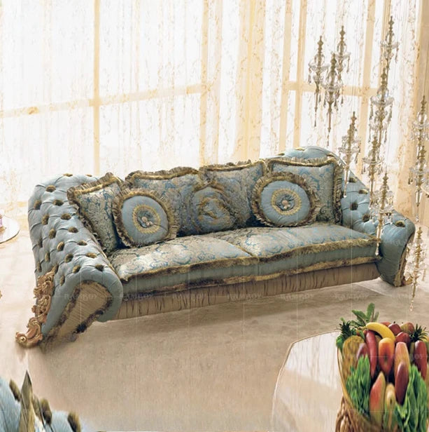 Villa Wood Carved Sofa Court Luxury Fabric Craft Sofa Combination