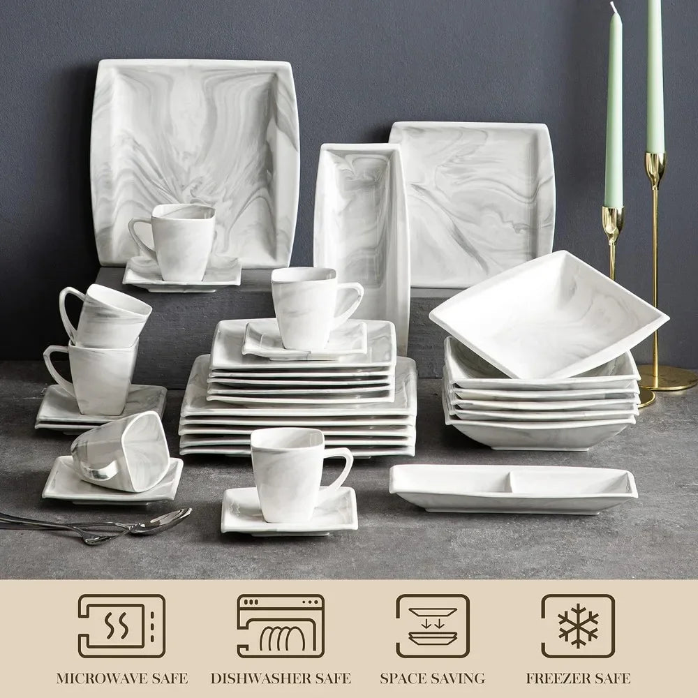 Square Tableware ,Dish Set Marble Gray  Cutlery ,Plates,