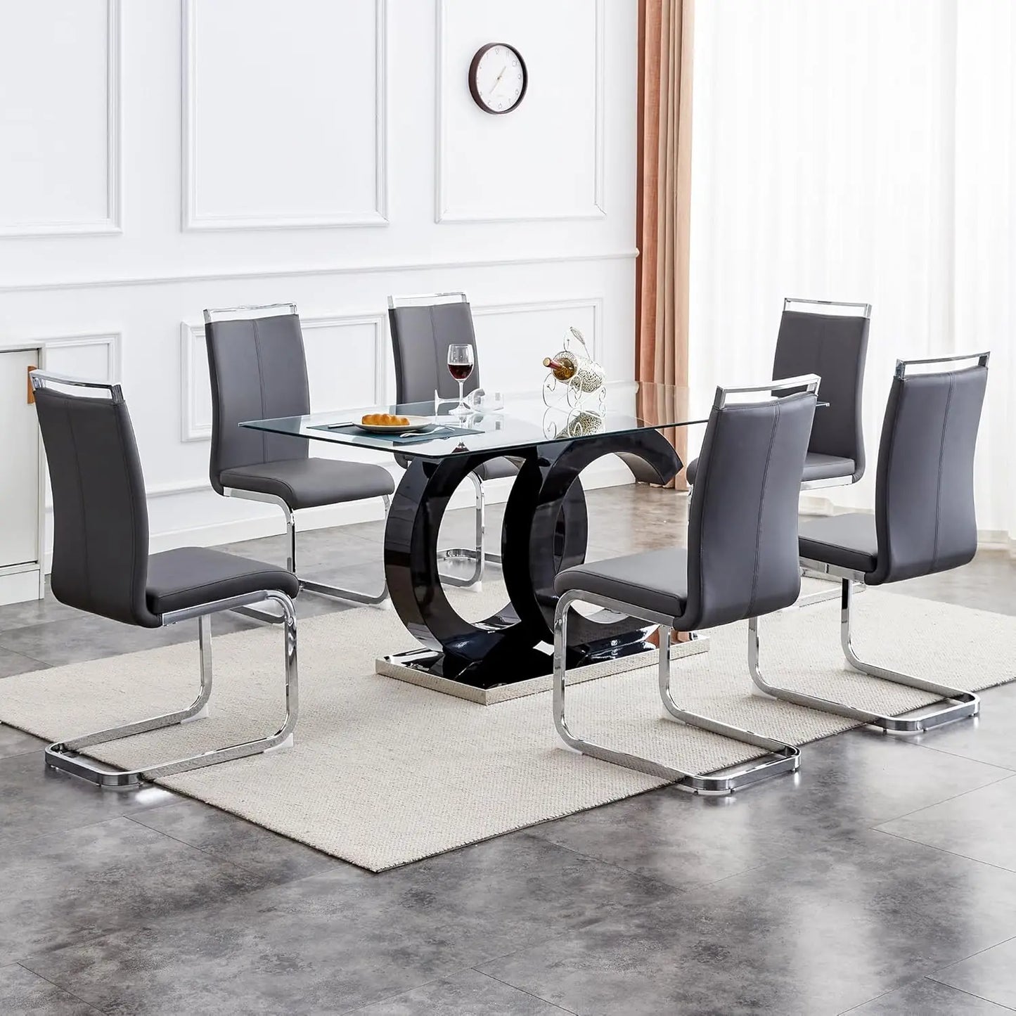 Glass Table Set for 6 ,7 Piece Set, Tempered Glass Top,  PU Leather,  Chairs ,Easy Assembly