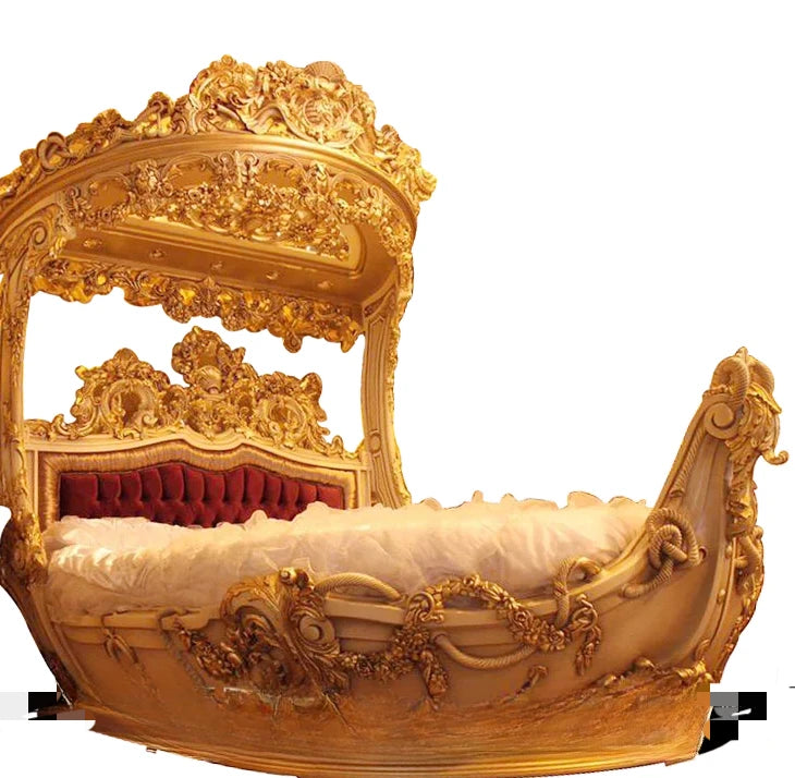 Princess Villa European Style Wood Carved Double Bed, Boat Style, French Fabric