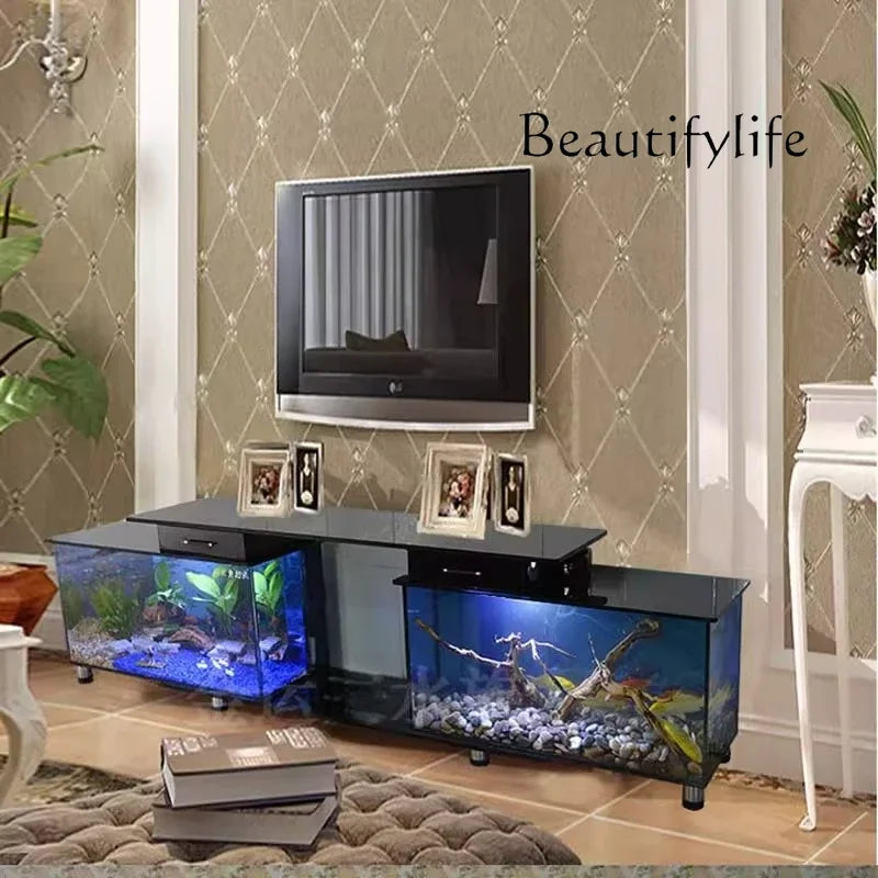 Household TV cabinet fish aquarium ,ultra white , glass table, water-free, double tank