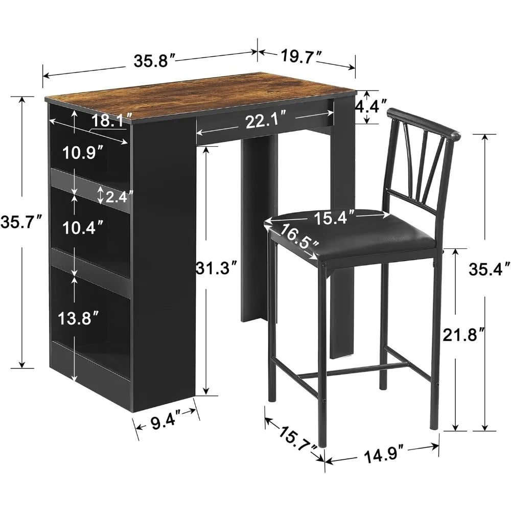 Small Bar, Breakfast Corner with Stools, Set for 2  Storage Shelves, Save Space