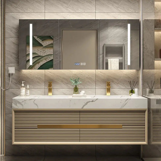 Light Luxury  Combination Suit Oak Milk Tea Color Cabinet Rock Plate Washstand Modern Toilet Wash Basin