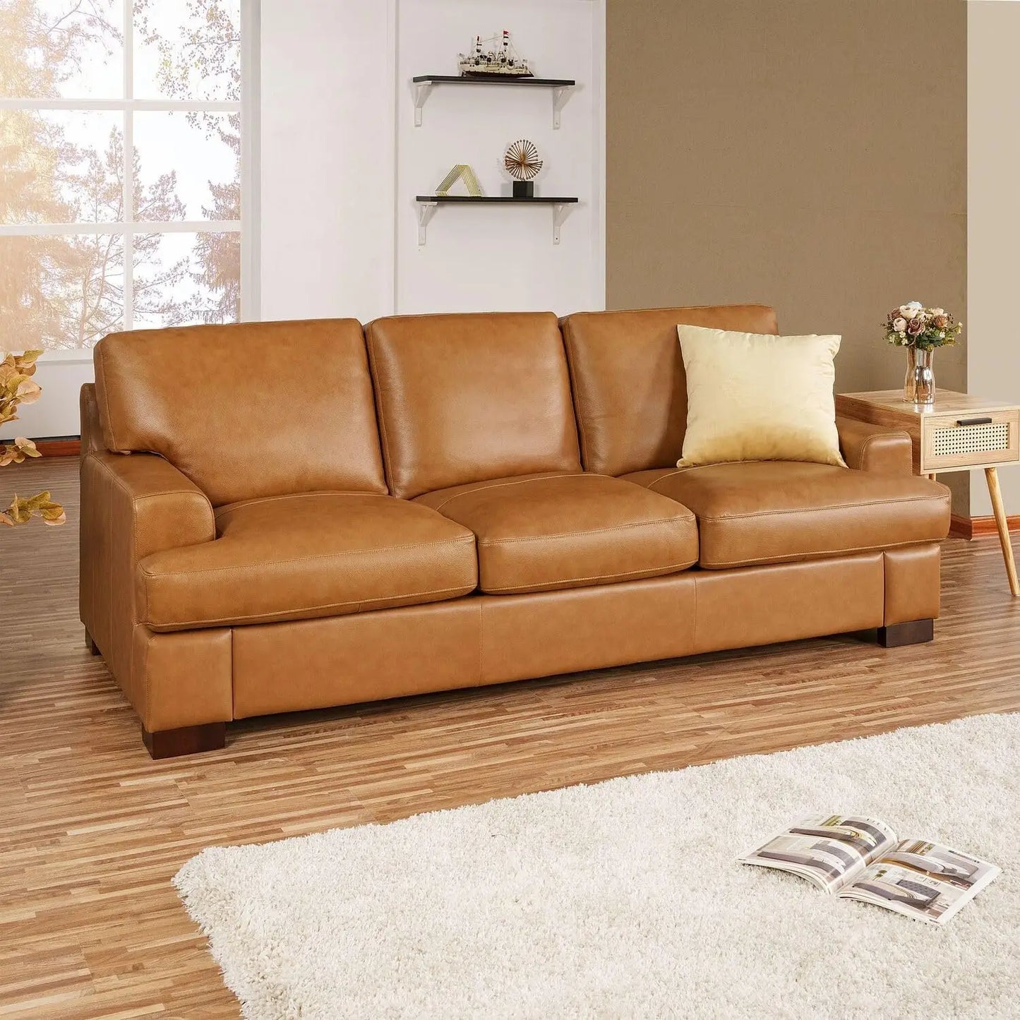 Genuine Leather Sofa Tan Sturdy Block  Legs Luxurious Goose Feather Cushion Filling Square Arm Design