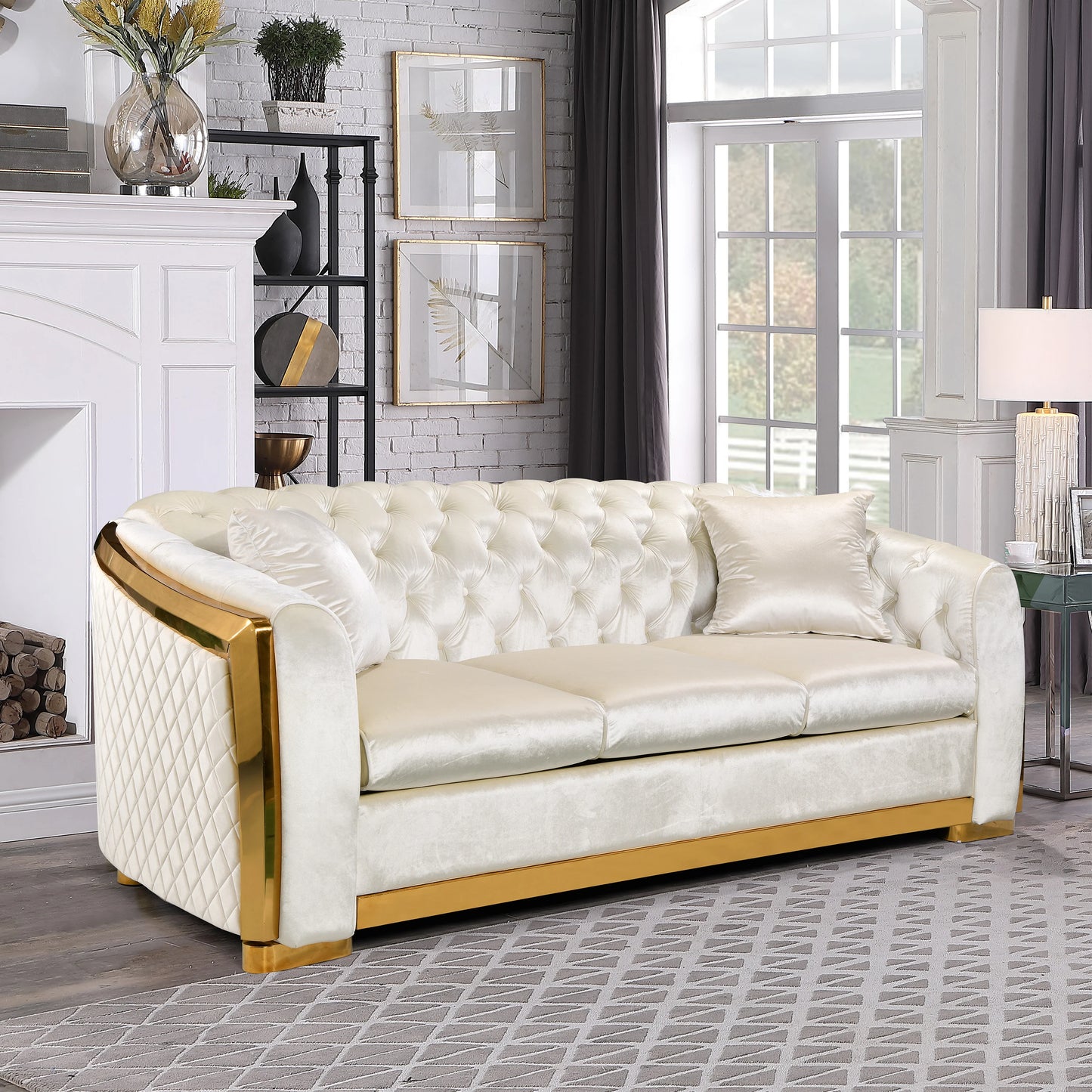 Velvet Luxury Chesterfield Sofa  Tufted 3 Seat with Gold Stainless