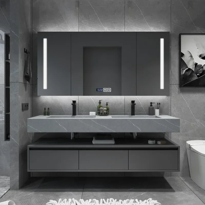 Modern Vanity with Sink Combo Sintered Stone Countertop. Freestanding Storage cabinet