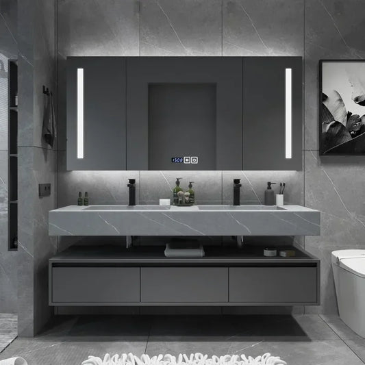 Modern Vanity with Sink Combo Sintered Stone Countertop. Freestanding Storage cabinet