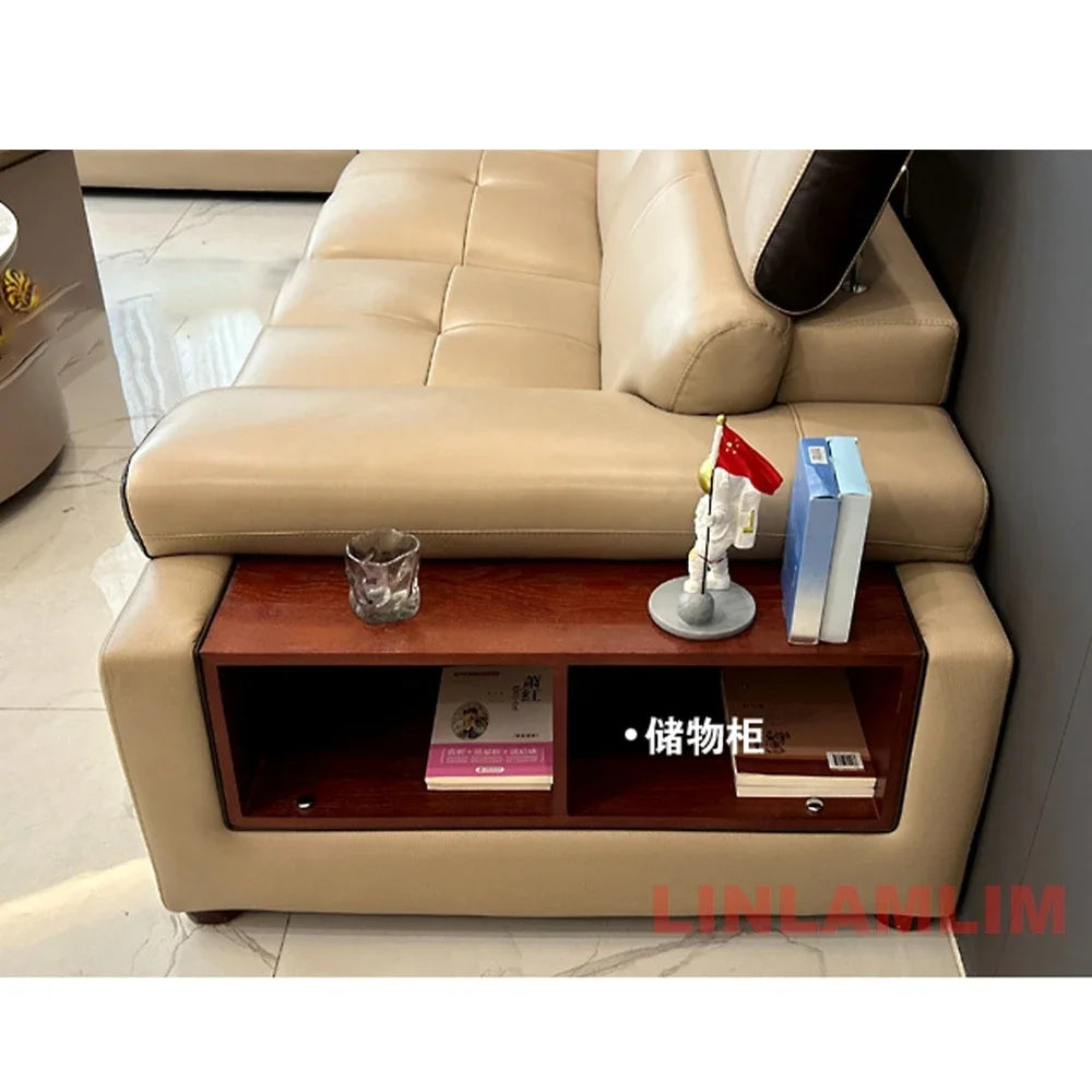 MINGDIBAO Modern Minimalist Genuine  Italian Leather Sectional Sofa with Console, Storage and Speaker