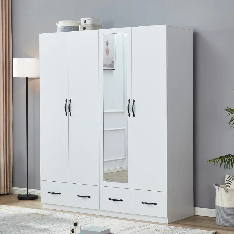 Freestanding Armoires Wood Cabinet Closet with Hanging Rods White Mirror, Four Doors Wood Wardrobe