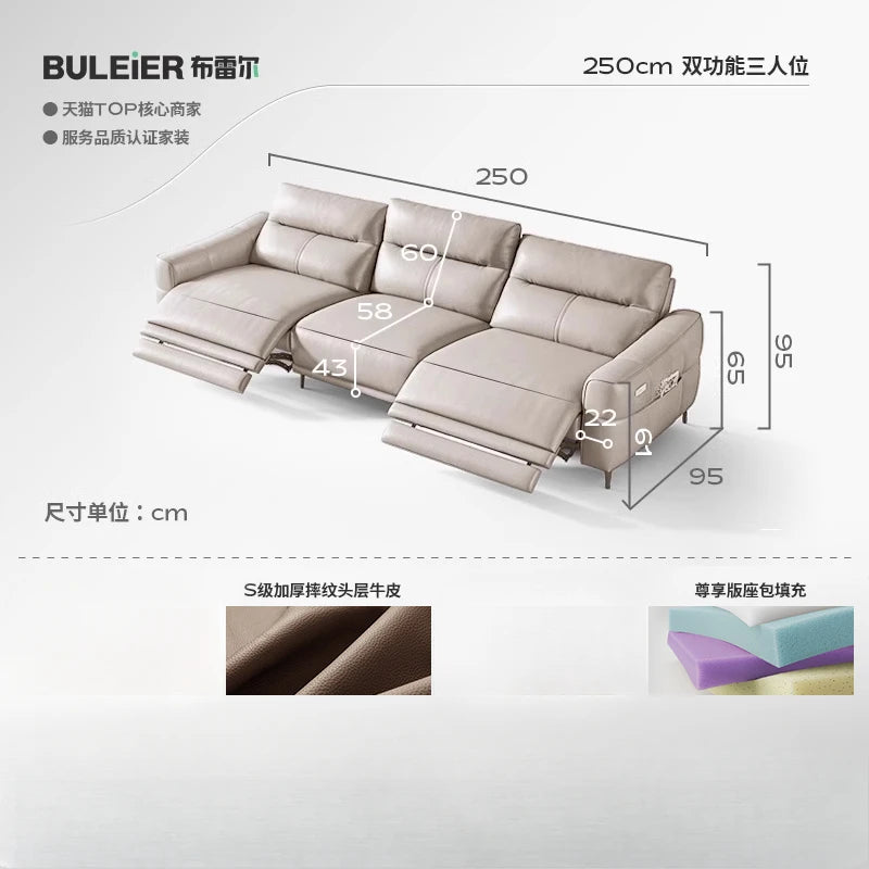 Minimalist Modern Sofa Bed 3 Seater ,Genuine Leather  Designer luxury  recliner