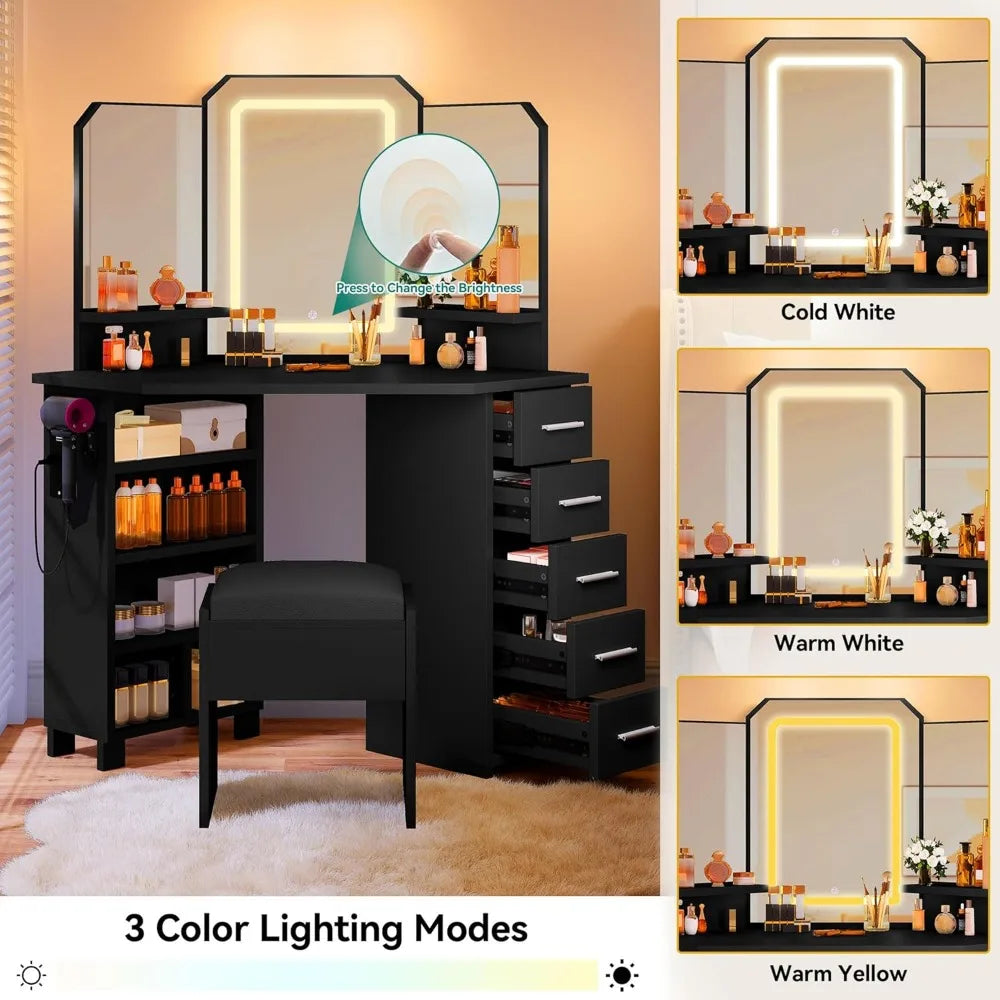 Corner Makeup Table w, Tri-Fold Mirror , Adjustable Light Strips, Stool, Open Shelves