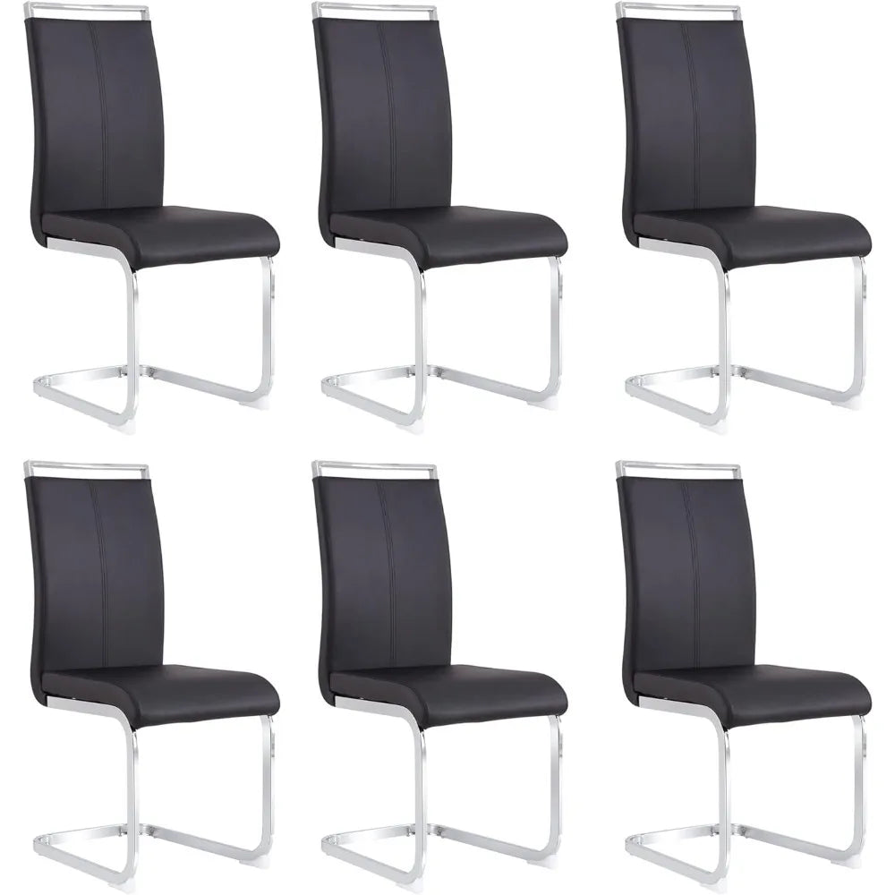 Modern Leather Chairs Set of 6,Padded Seat and Sturdy Chrome Legs. Black