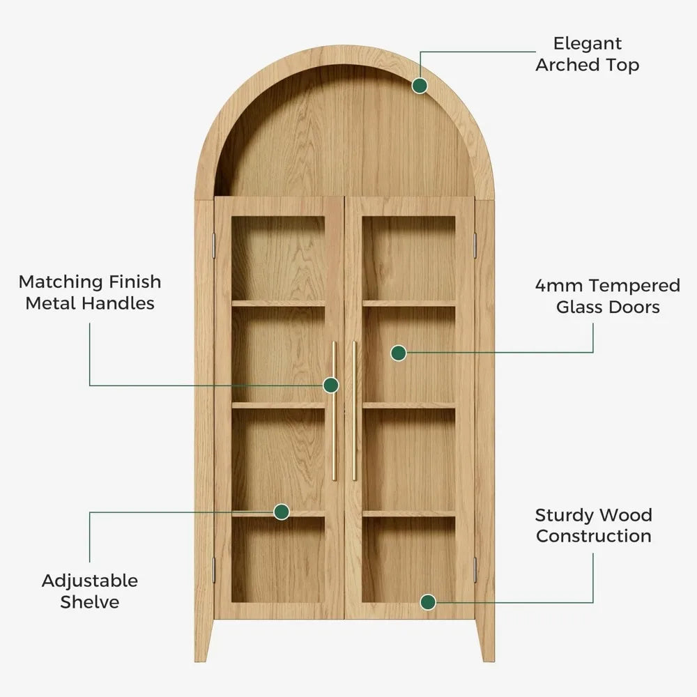 Elegant Arched Display Cabinet, 5-Tier Bookcase with Glass Doors & Adjustable Shelves