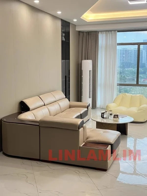 MINGDIBAO Modern Minimalist Genuine  Italian Leather Sectional Sofa with Console, Storage and Speaker