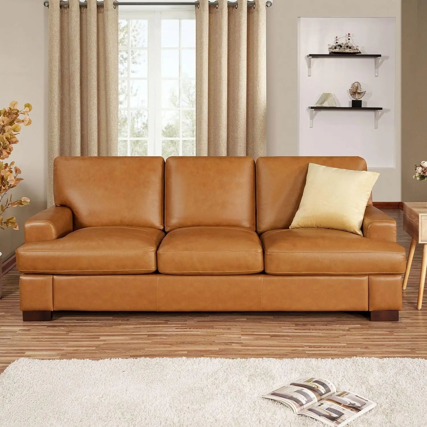 Genuine Leather Sofa Tan Sturdy Block  Legs Luxurious Goose Feather Cushion Filling Square Arm Design